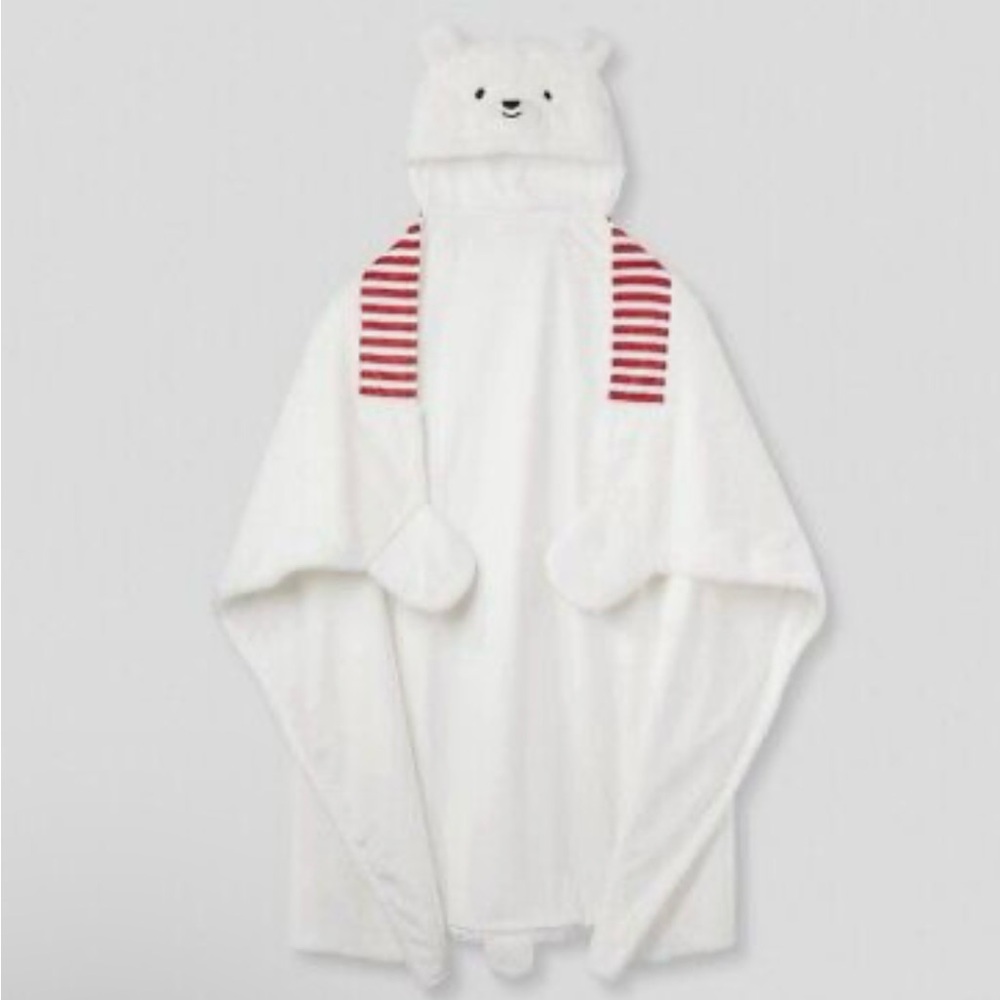 White Hooded Bear Blanket with Red Stripes